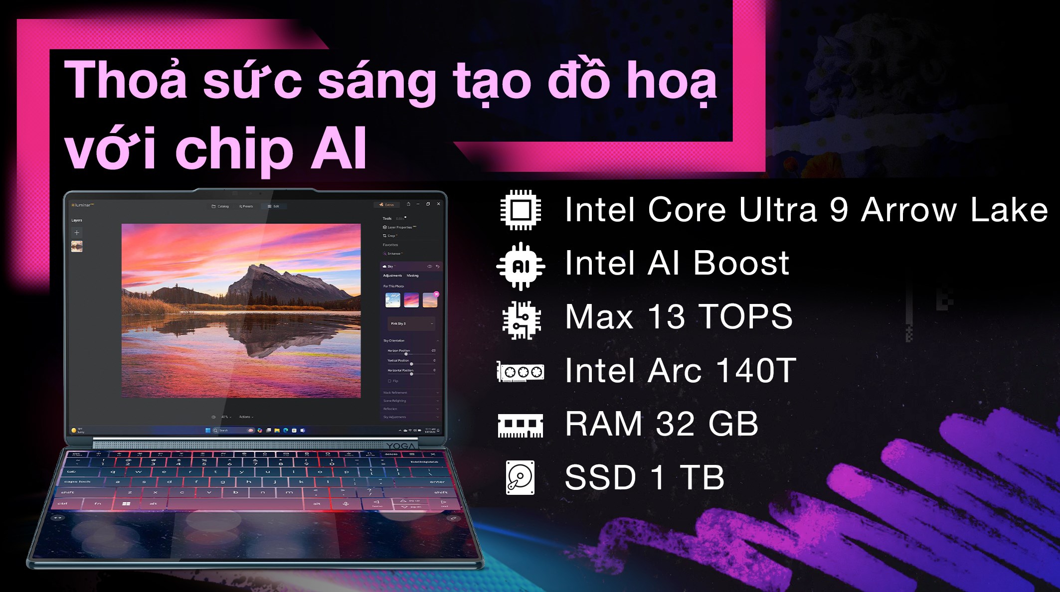 Laptop Lenovo Yoga Book 9 2in1 14IAH10 - 83KJ002UVN (Ultra 9 285H, 32GB, 1TB, 2.8K OLED 120Hz, Cảm ứng, OfficeH24+365, Win11)