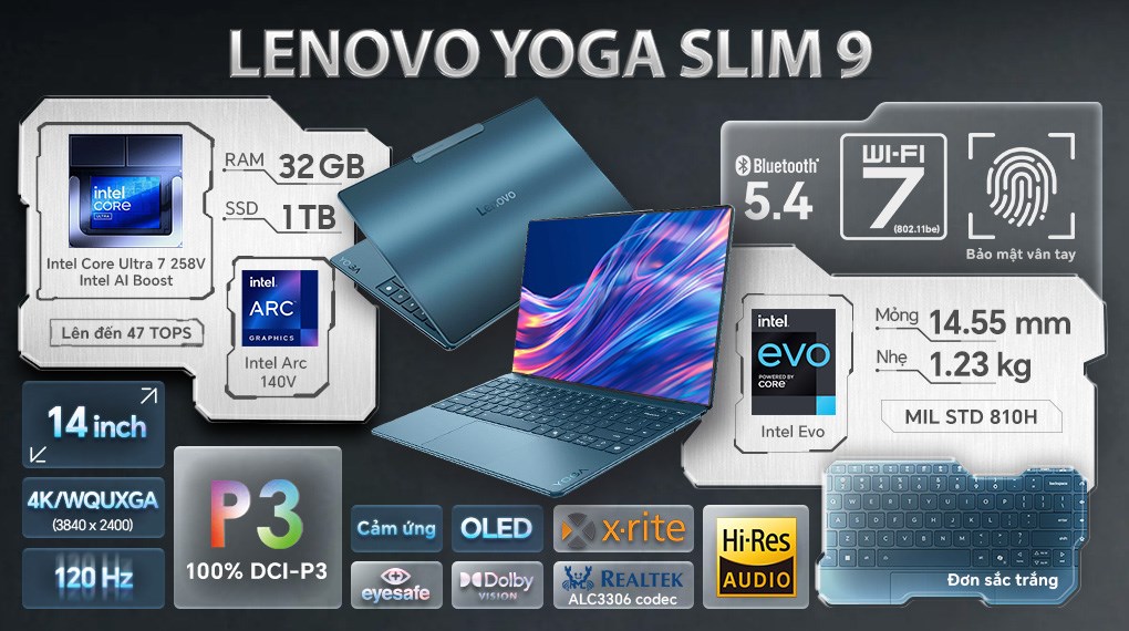 Laptop Lenovo Yoga  Slim 9 14ILL10 - 83CX002UVN (Ultra 7 258V, 32GB, 1TB, 4K OLED 120Hz, Cảm ứng, OfficeH24+365, Win11)
