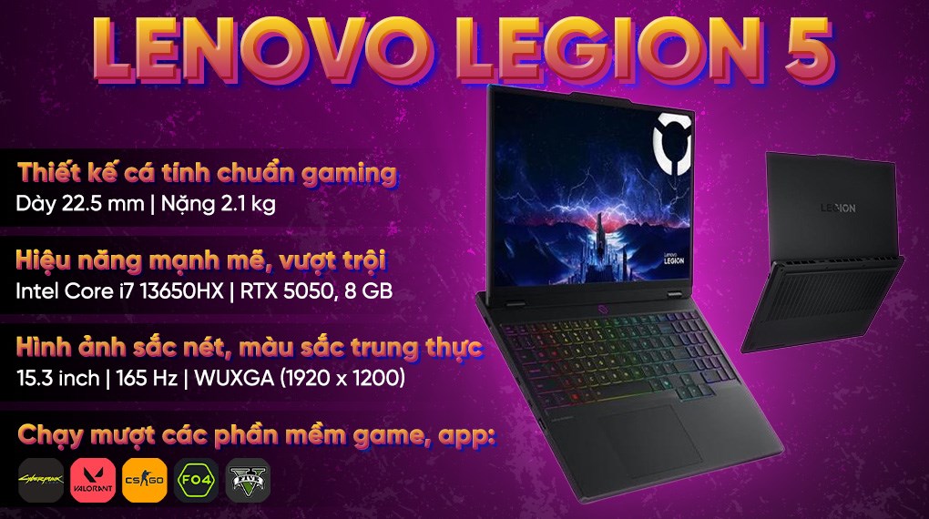 Laptop Lenovo Gaming Legion 5 15IRX10 - 83LY00HRVN (i7 13650HX, 16GB, 512GB, RTX 5050 8GB, WUXGA 165Hz, OfficeH24, Win11)