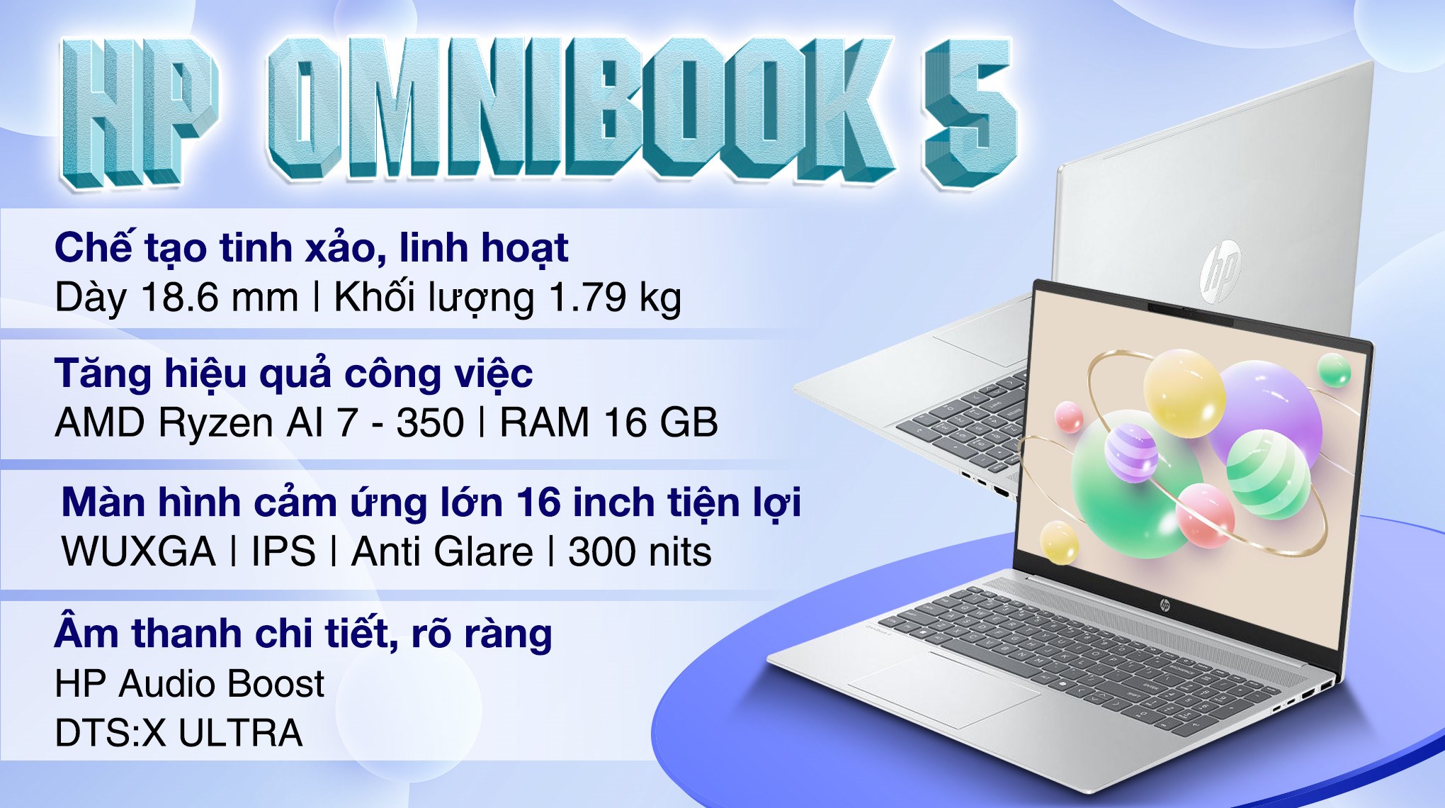 Laptop HP OmniBook 5 16 ag1066AU - BZ7S9PA (R7 Al 350, 16GB, 512GB, WUXGA, Cảm ứng, OfficeH24+365B, Win11)