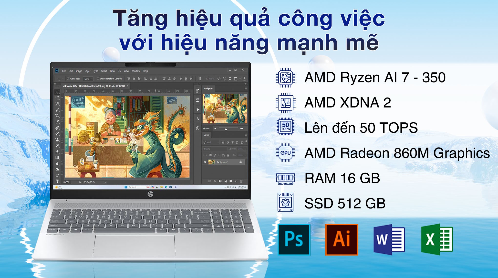 Laptop HP OmniBook 5 16 ag1066AU - BZ7S9PA (R7 Al 350, 16GB, 512GB, WUXGA, Cảm ứng, OfficeH24+365B, Win11)