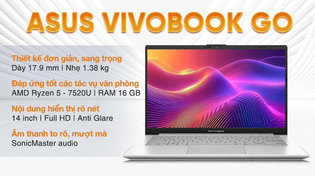 Laptop Asus Vivobook Go E1404FA - EB482W (R5 7520U, 16GB, 512GB, Full HD, Win11)