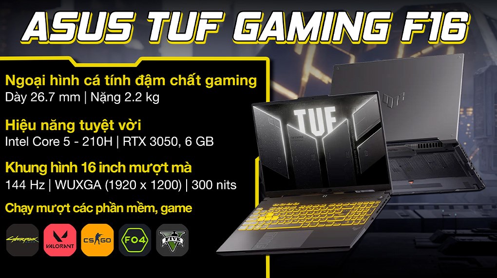 Laptop Asus TUF Gaming F16 FX607VJB - RL151W (Core 5 210H, 16GB, 512GB, RTX 3050 6GB, Full HD+, 144Hz, Win11)