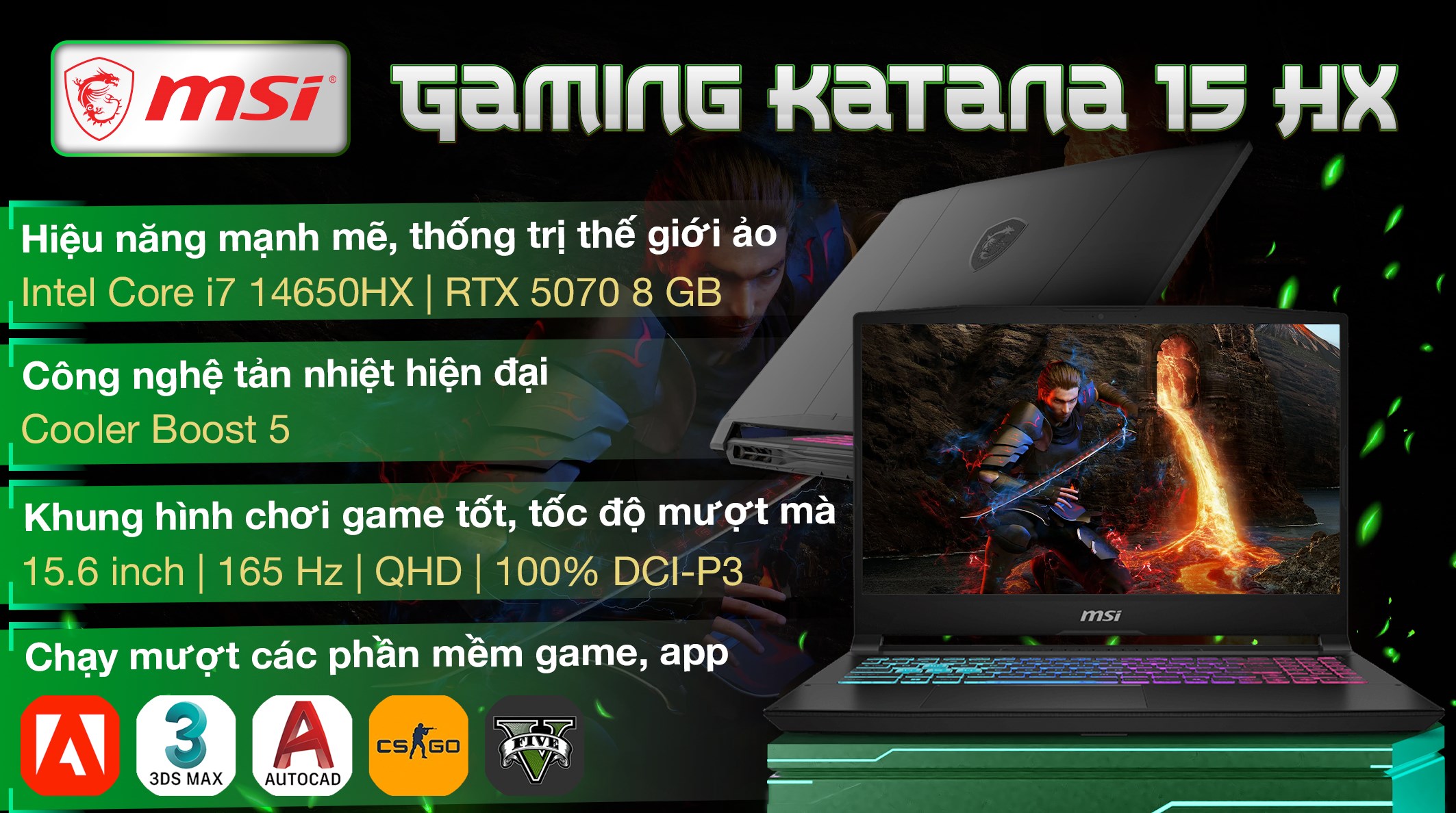 Laptop MSI Gaming Katana 15 HX B14WGK - 023VN (i7 14650HX, 16GB, 1TB, RTX 5070 8GB, QHD, 165Hz, Win11)