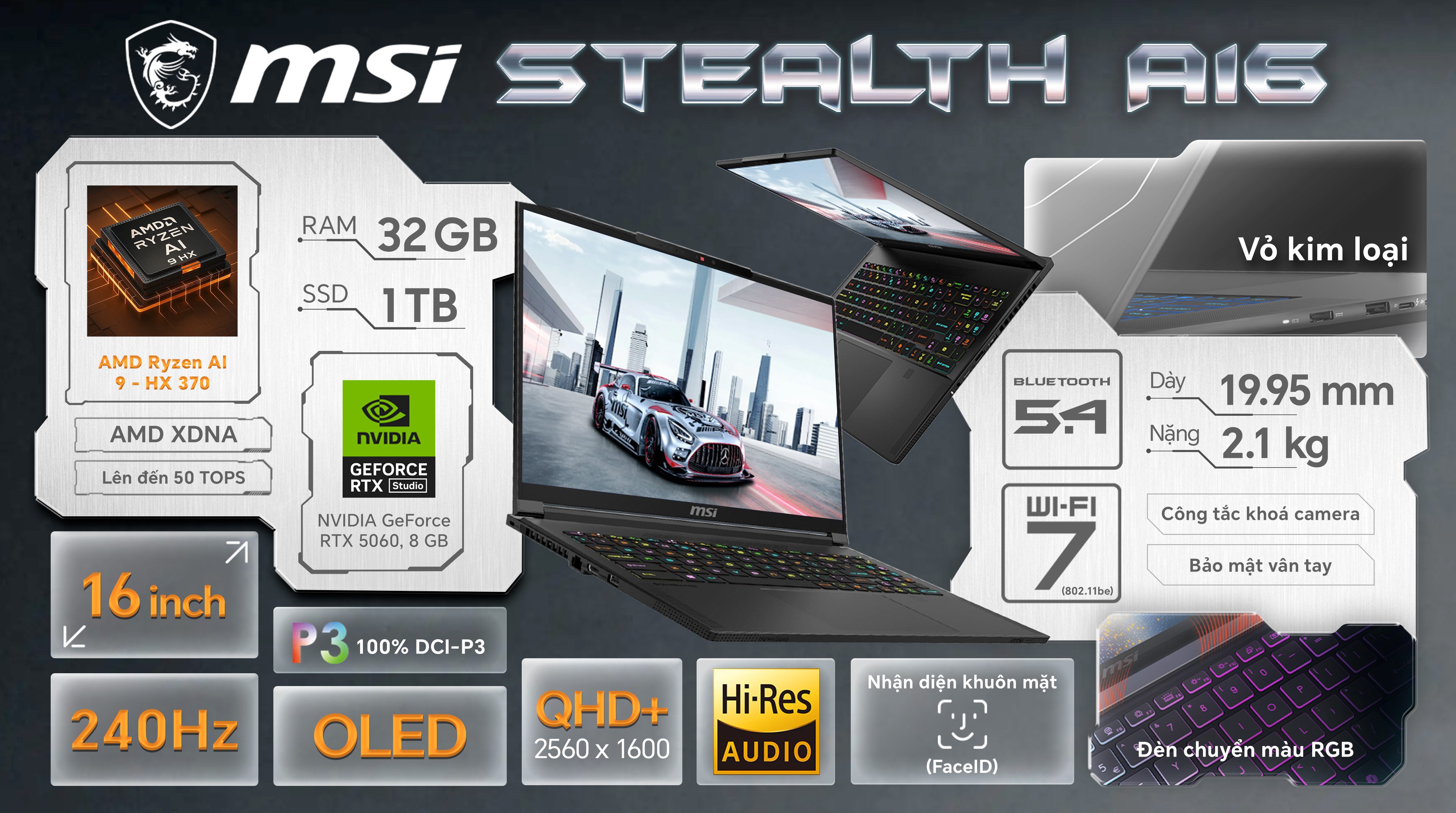 Laptop MSI Gaming Stealth A16 AI+ A3XWFG - 018VN (R9 AI HX 370, 32GB, 1TB, RTX 5060 8GB, QHD+ OLED, 240Hz, Win11)