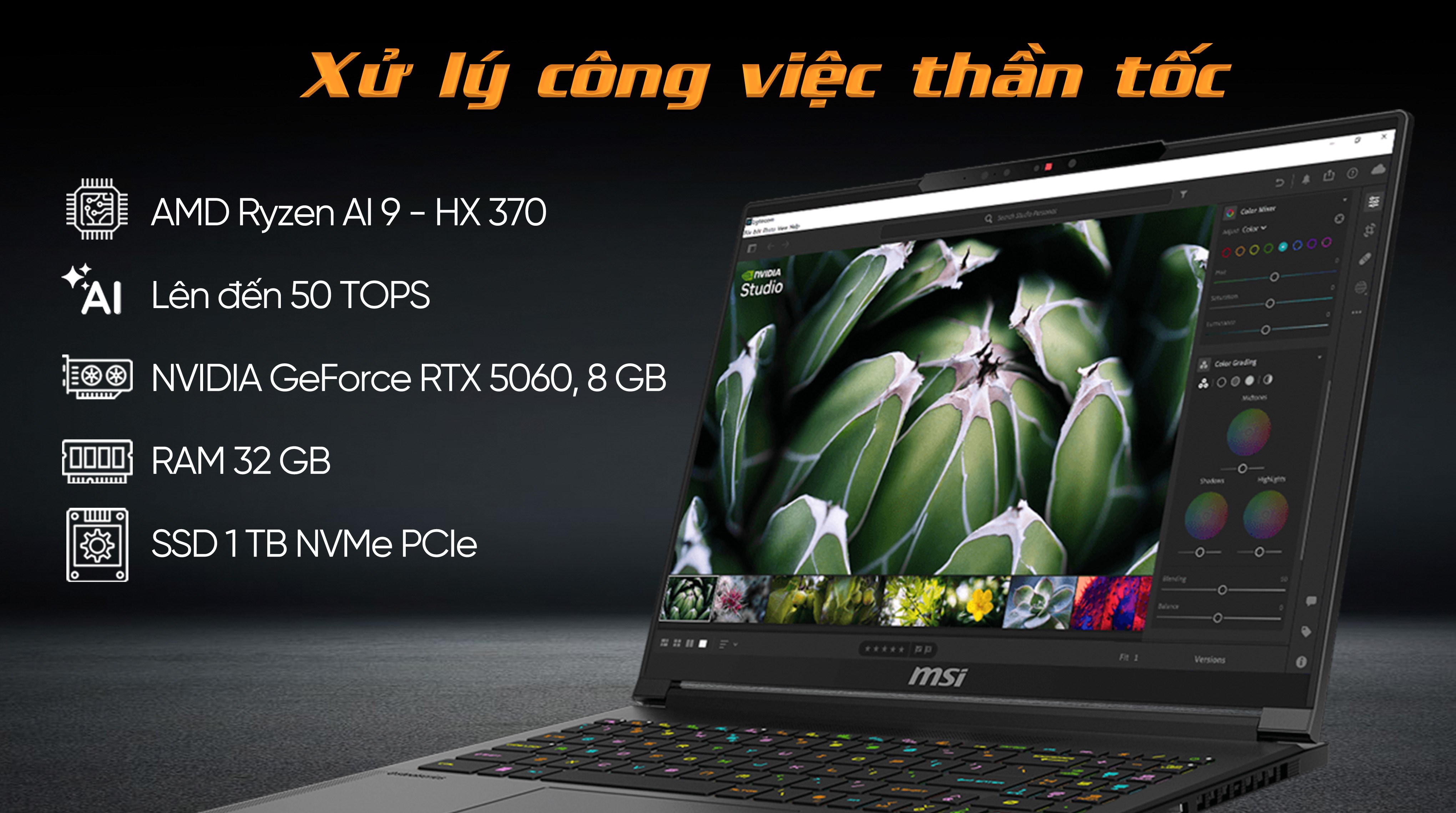 Laptop MSI Gaming Stealth A16 AI+ A3XWFG - 018VN (R9 AI HX 370, 32GB, 1TB, RTX 5060 8GB, QHD+ OLED, 240Hz, Win11)