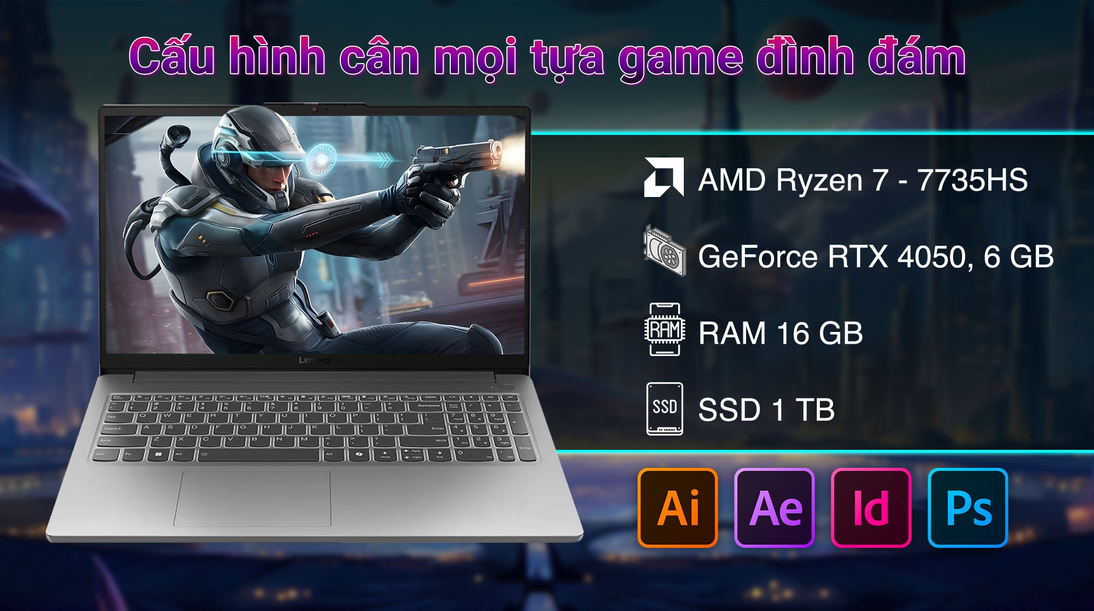 Laptop Lenovo Gaming LOQ 15ARP10E - 83S0000EVN (R7 7735HS, 16GB, 1TB, RTX 4050 6GB, Full HD, 144Hz, Win11)