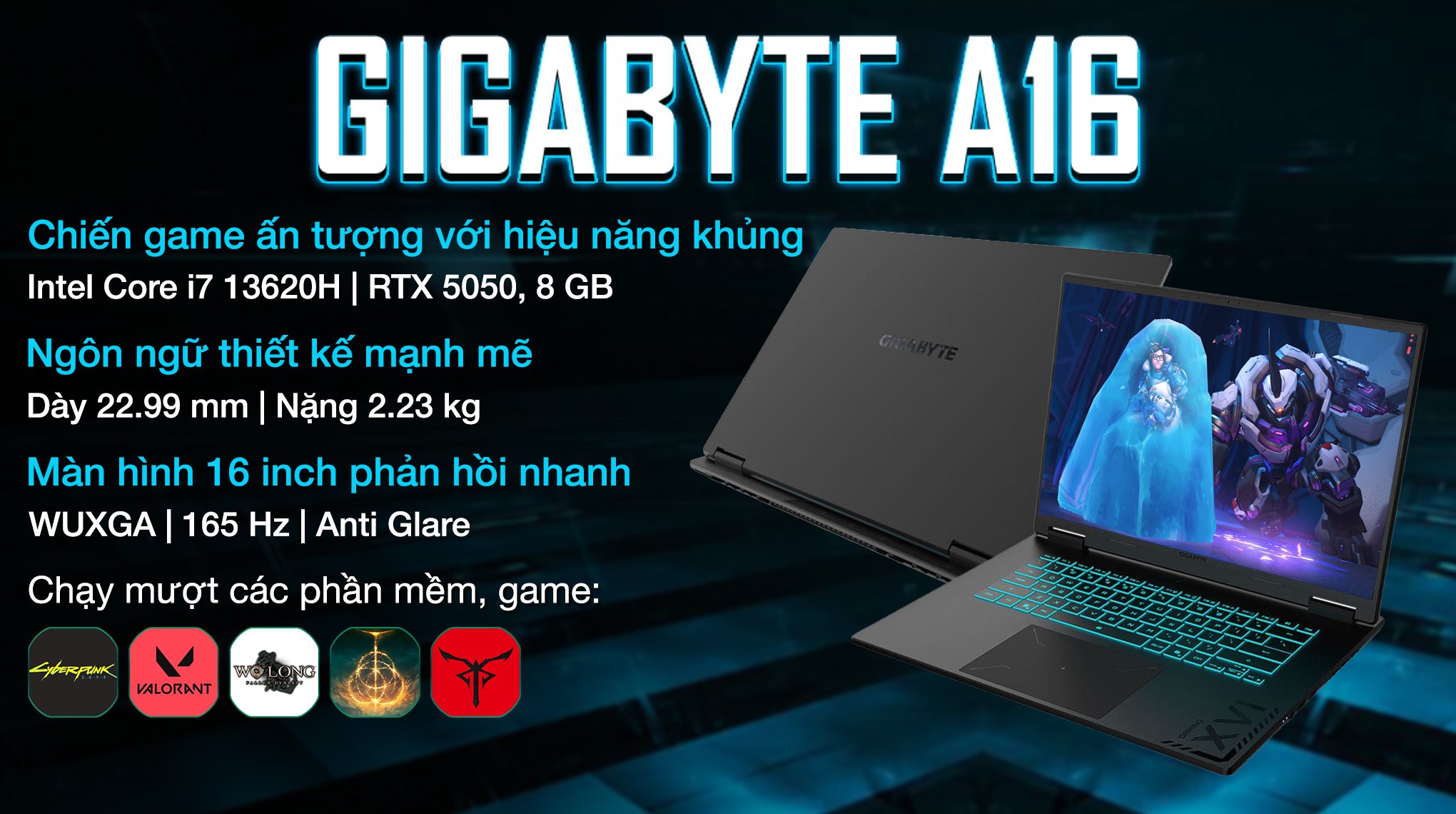 Laptop GIGABYTE Gaming A16 GA6H - GAMING-A16-CTHI3VN893SH (i7 13620H, 16GB, 512GB, RTX 5050 8GB, WUXGA 165Hz, Win11)