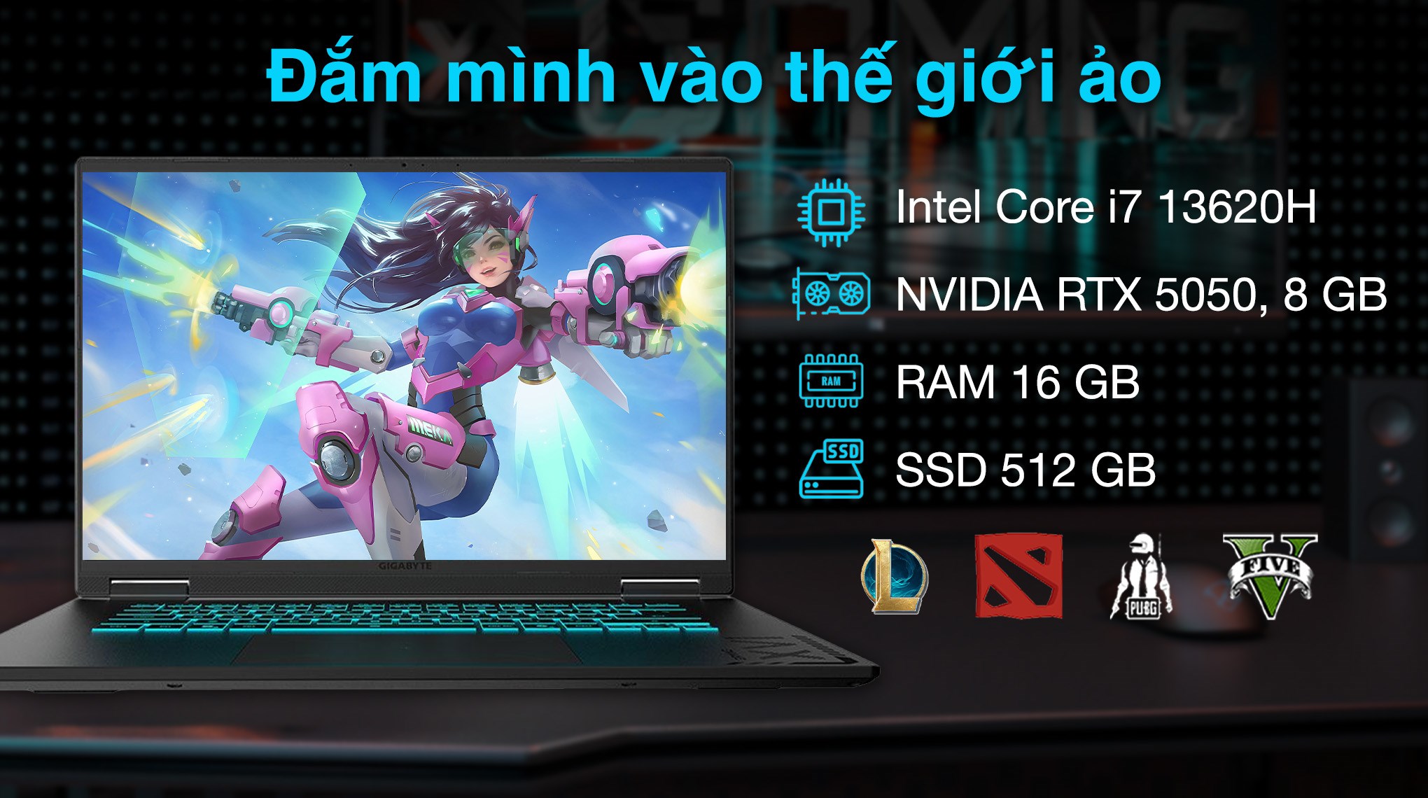 Laptop GIGABYTE Gaming A16 GA6H - GAMING-A16-CTHI3VN893SH (i7 13620H, 16GB, 512GB, RTX 5050 8GB, WUXGA 165Hz, Win11)