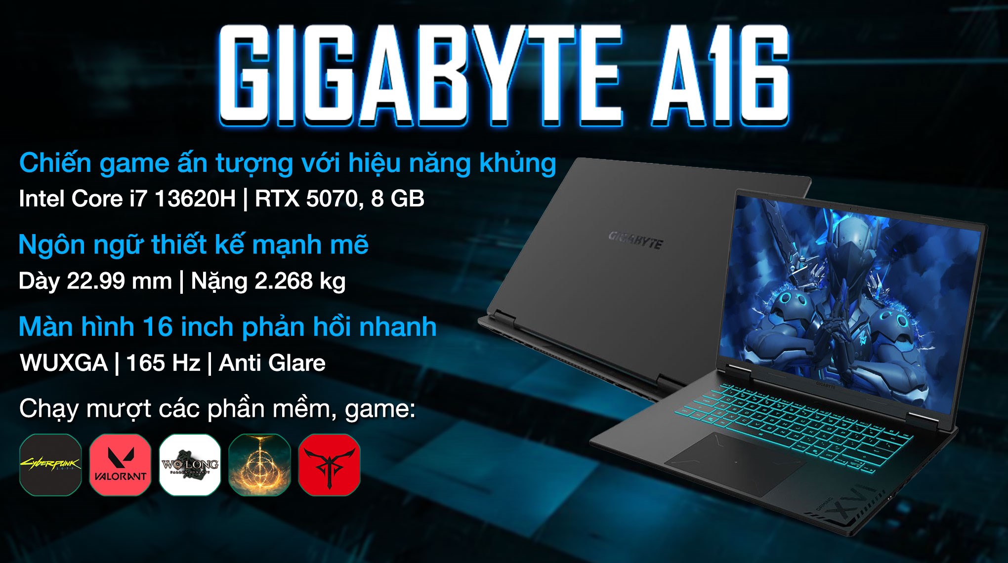 Laptop GIGABYTE Gaming A16 GA6H - CWHI3VNC94SH (i7 13620H, 16GB, 1TB, RTX 5070 8GB, WQXGA 165Hz, Win11)