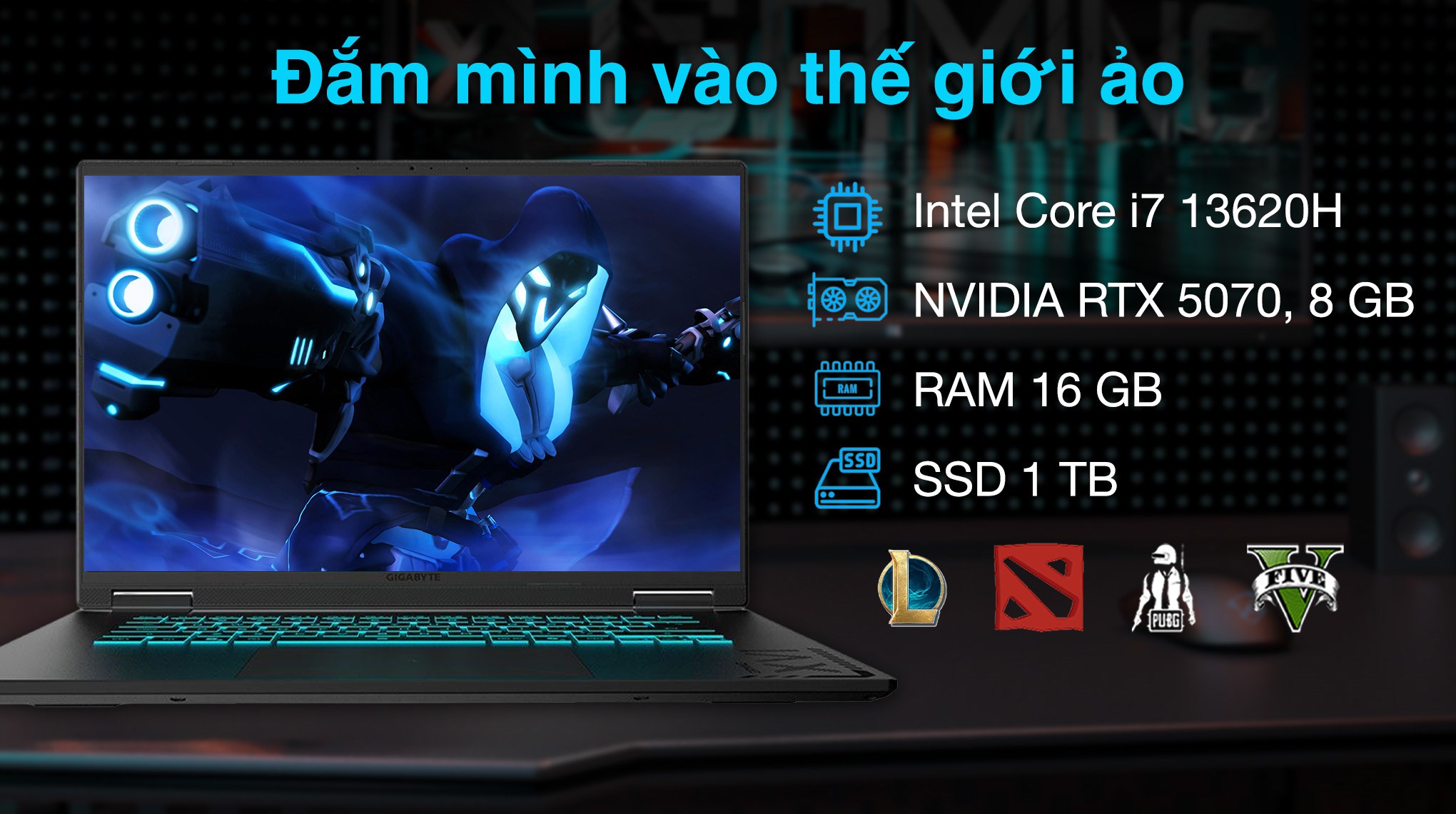 Laptop GIGABYTE Gaming A16 GA6H - CWHI3VNC94SH (i7 13620H, 16GB, 1TB, RTX 5070 8GB, WQXGA 165Hz, Win11)