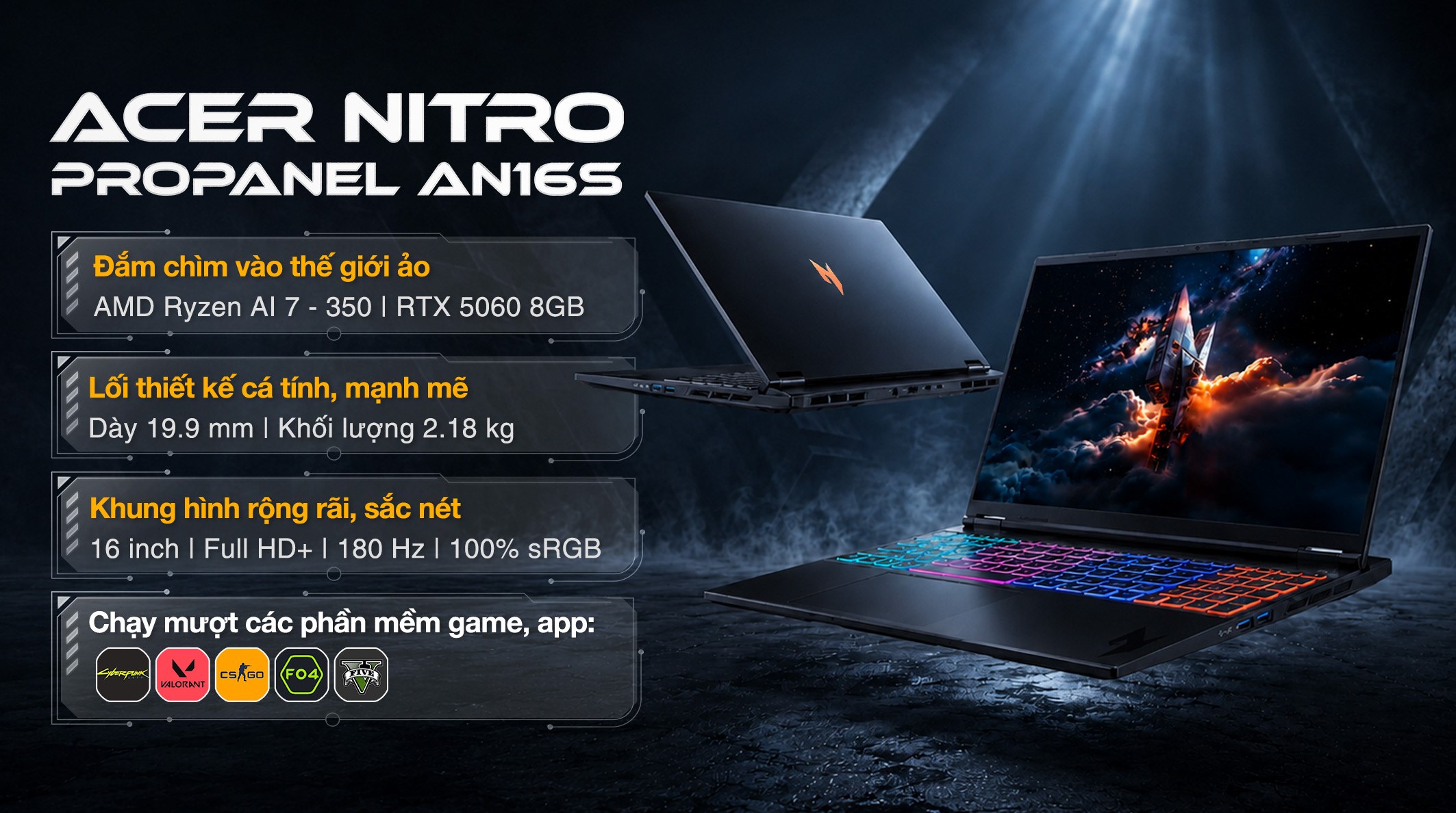 Laptop Acer Gaming Nitro ProPanel AN16S 61 R5F4 - NH.QXFSV.001 (R7 AI 350, 16GB, 512GB, RTX 5060 8GB, Full HD+ 180Hz, Win11)