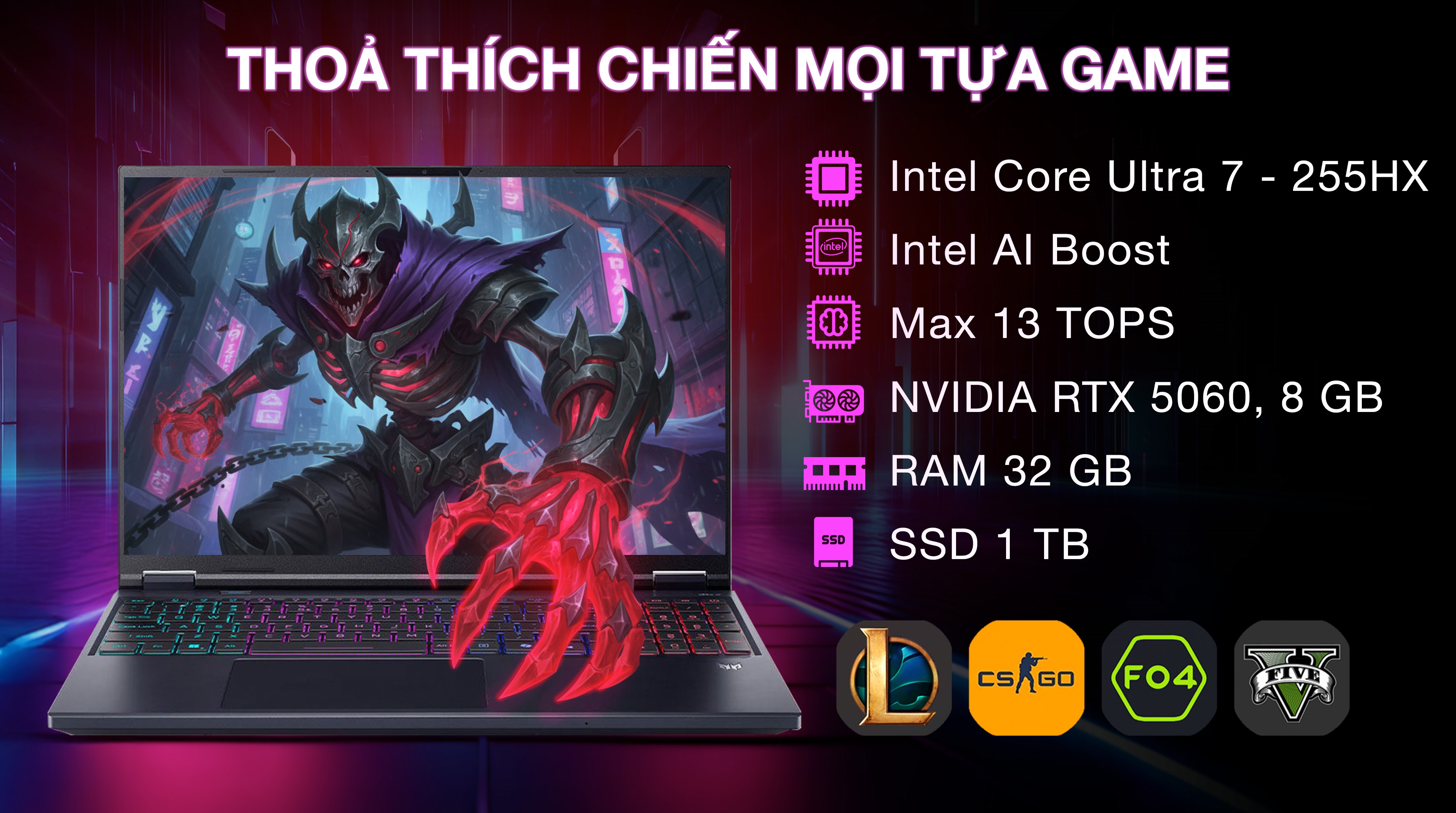 Laptop Acer Gaming Predator Helios Neo 16 AI PHN16 73 757W - NH.QVQSV.001 (Ultra 7 255HX, 32GB, 1TB, RTX 5060 8GB, 2K+ 240Hz, Win11)