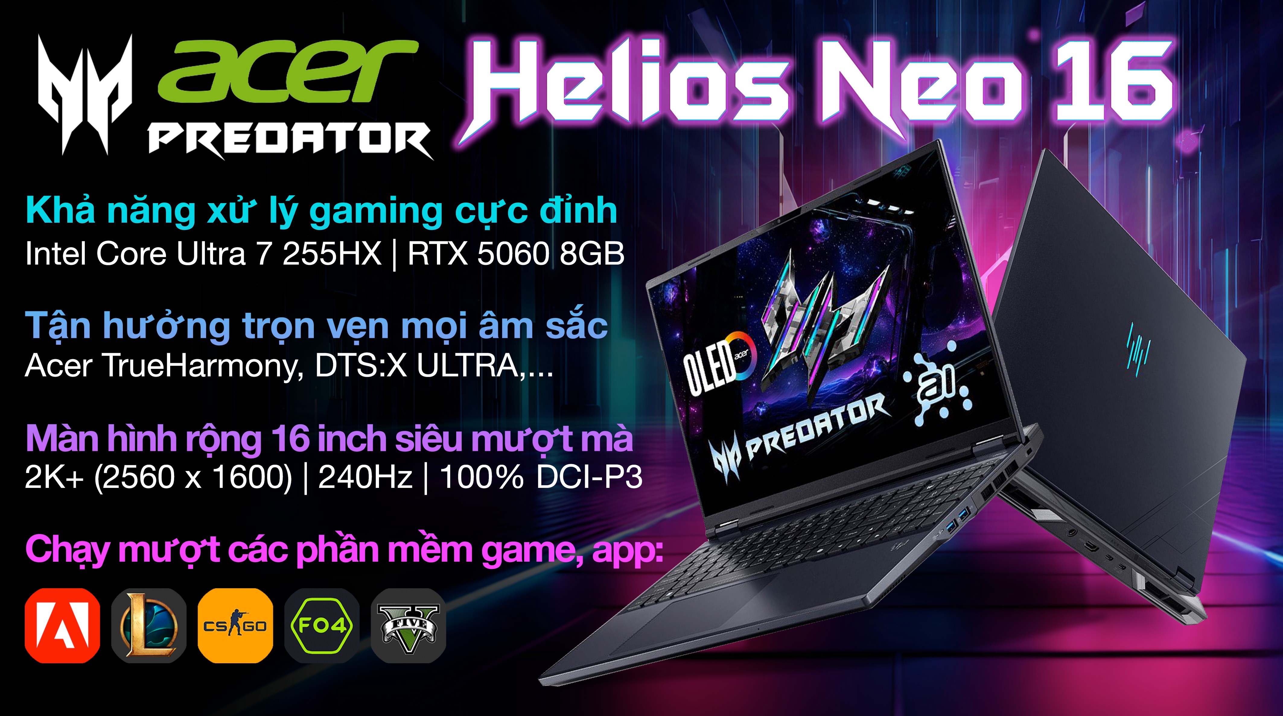 Laptop Acer Gaming Predator Helios Neo 16 AI PHN16 73 757W - NH.QVQSV.001 (Ultra 7 255HX, 32GB, 1TB, RTX 5060 8GB, 2K+ 240Hz, Win11)