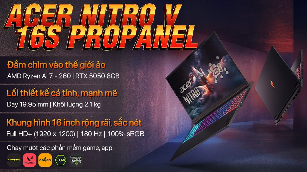 Laptop Acer Gaming Nitro V 16S AI ProPanel ANV16S 41 R337 - NH.QZZSV.002 (R7 260, 16GB, 1TB, RTX 5050 8GB, FHD+ 180Hz, Win11)