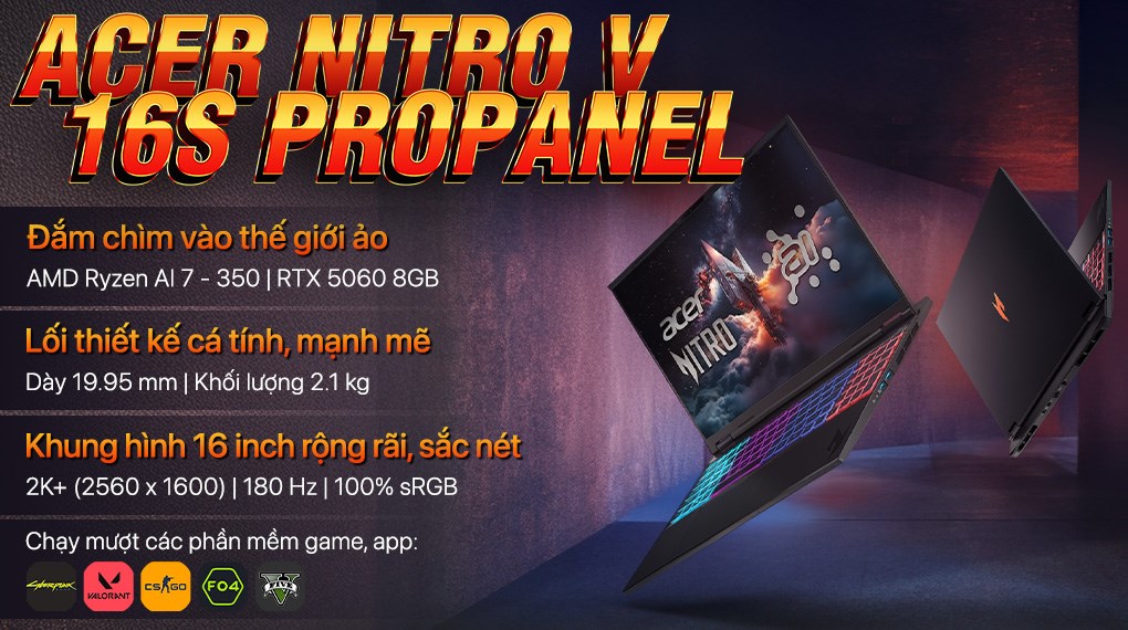 Laptop Acer Gaming Nitro V 16S AI ProPanel ANV16S 61 R9ZV - NH.QXPSV.002 (R7 AI 350, 32GB, RTX 5060 8GB, 2K+ 180Hz, Win11)