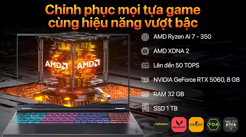 Laptop Acer Gaming Nitro V 16S AI ProPanel ANV16S 61 R9ZV - NH.QXPSV.002 (R7 AI 350, 32GB, RTX 5060 8GB, 2K+ 180Hz, Win11)