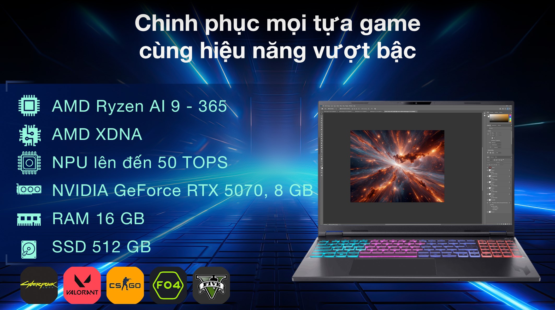Laptop Acer Gaming Nitro ProPanel AN16S 61 R193 - NH.QXTSV.001 (R9 AI 365, 16GB, 512GB, RTX 5070 8GB, 2K+ 180Hz, Win11)