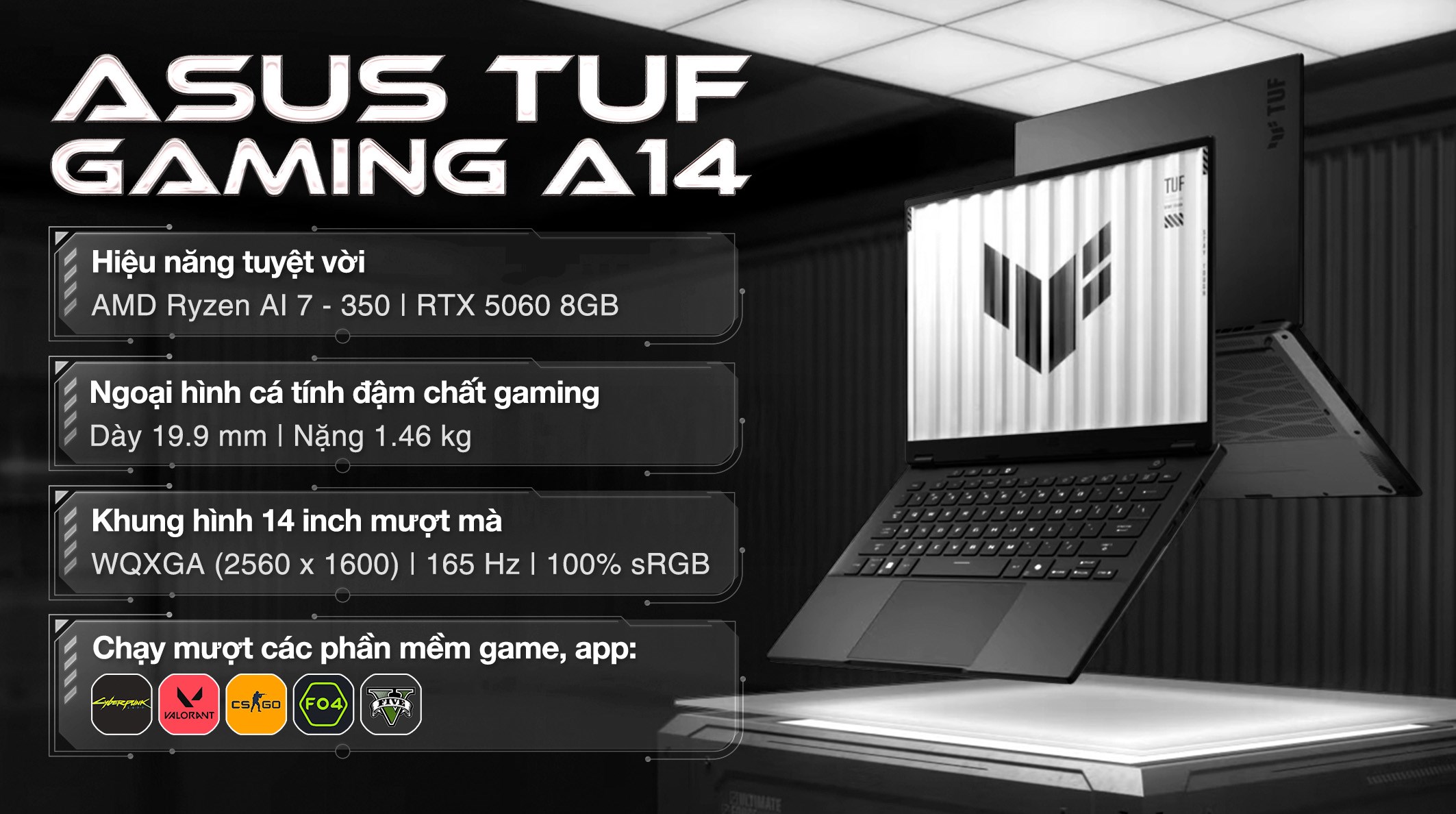 Laptop Asus TUF Gaming A14 FA401KM - RG010WS (R7 AI 350, 32GB, 1TB, RTX 5060 8GB, WQXGA 165Hz, OfficeH24+365, Win11)