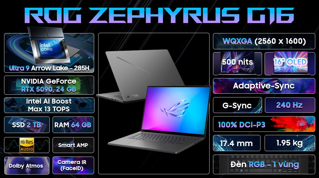 Laptop Asus Gaming ROG Zephyrus G16 GU605CX - QR147W (Ultra 9 285H, 64GB, 2TB, RTX 5090 24GB, WQXGA OLED 240Hz, Win11)
