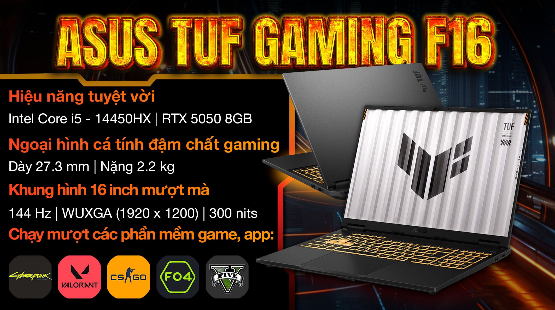 Laptop Asus TUF Gaming F16 FX608JHR - RV160W (i5 14450HX, 16GB, 512GB, RTX 5050 8GB, WUXGA 165Hz, Win11)