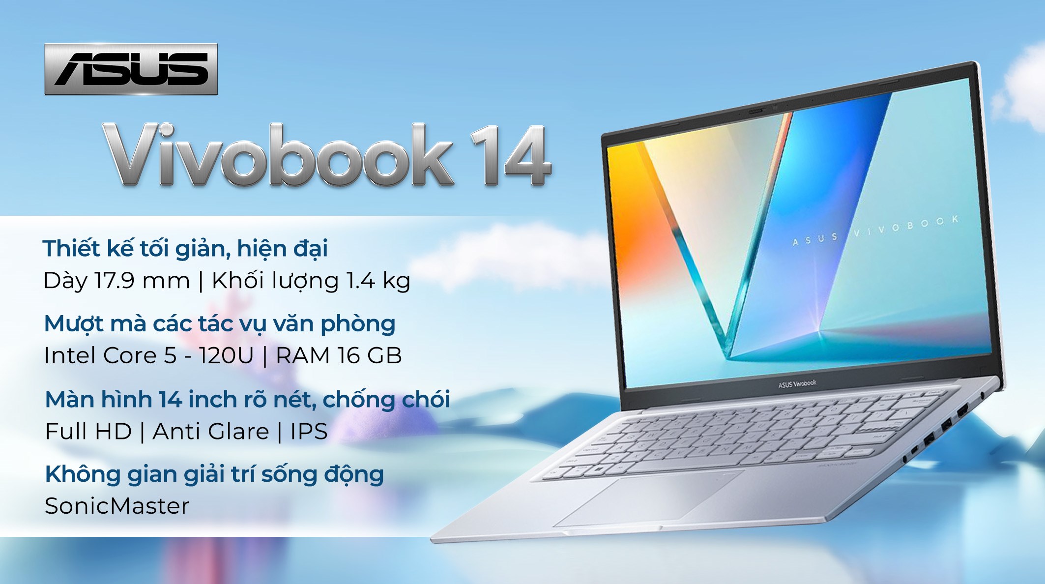 Laptop Asus Vivobook 14 X1404VA - EB260W (Core 5 120U, 16GB, 512GB, Full HD, Win11)