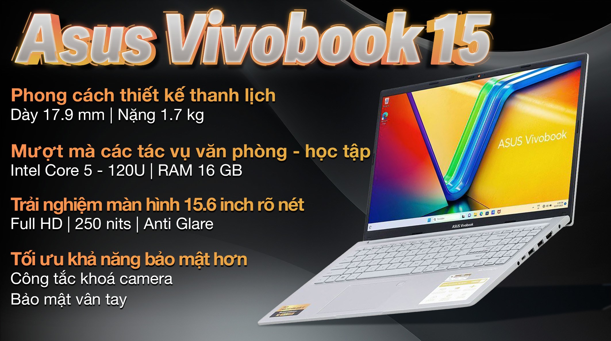 Laptop Asus Vivobook 15 X1504VA - BQ185W (Core 5 120U, 16GB, 512GB, Full HD, Win11)