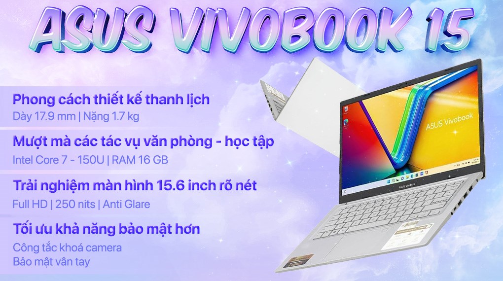 Laptop Asus Vivobook 15 X1504VA - BQ295W (Core 7 150U, 16GB, 512GB, Full HD, Win11)