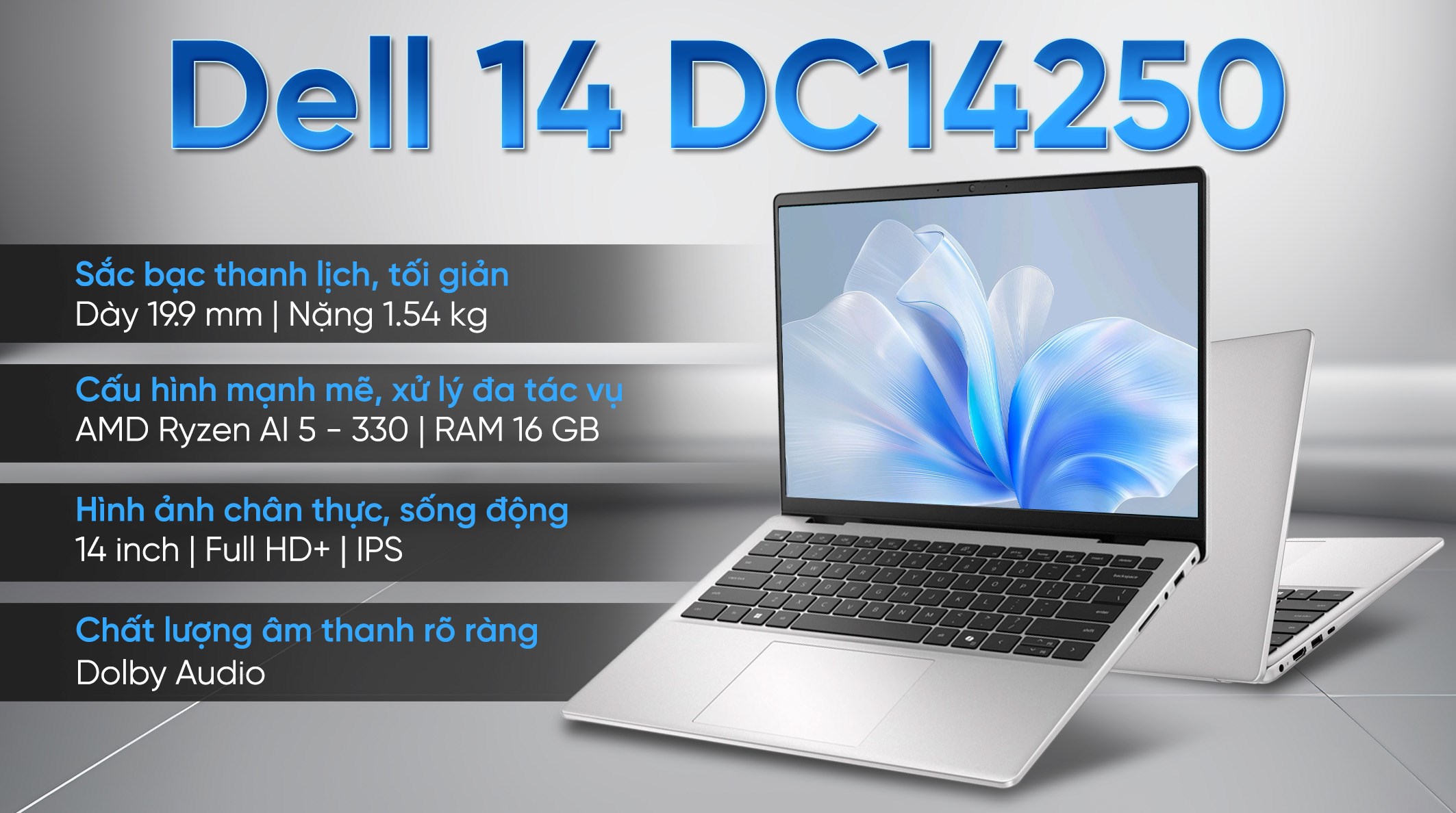 Laptop Dell 14 DC14255 - DC4AI5278W1 (R5 AI 330, 16GB, 512GB, Full HD+, KYHD, OfficeH24+365, Win11)