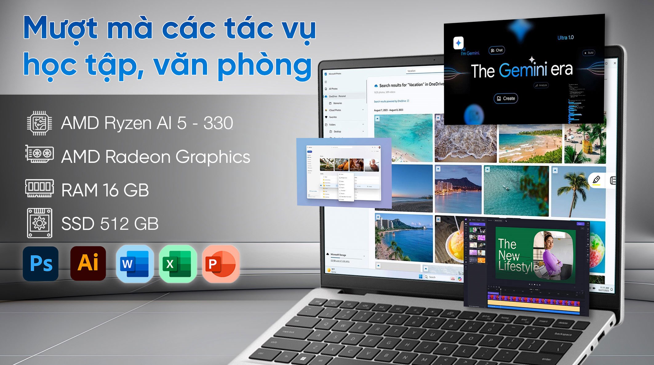 Laptop Dell 14 DC14255 - DC4AI5278W1 (R5 AI 330, 16GB, 512GB, Full HD+, KYHD, OfficeH24+365, Win11)
