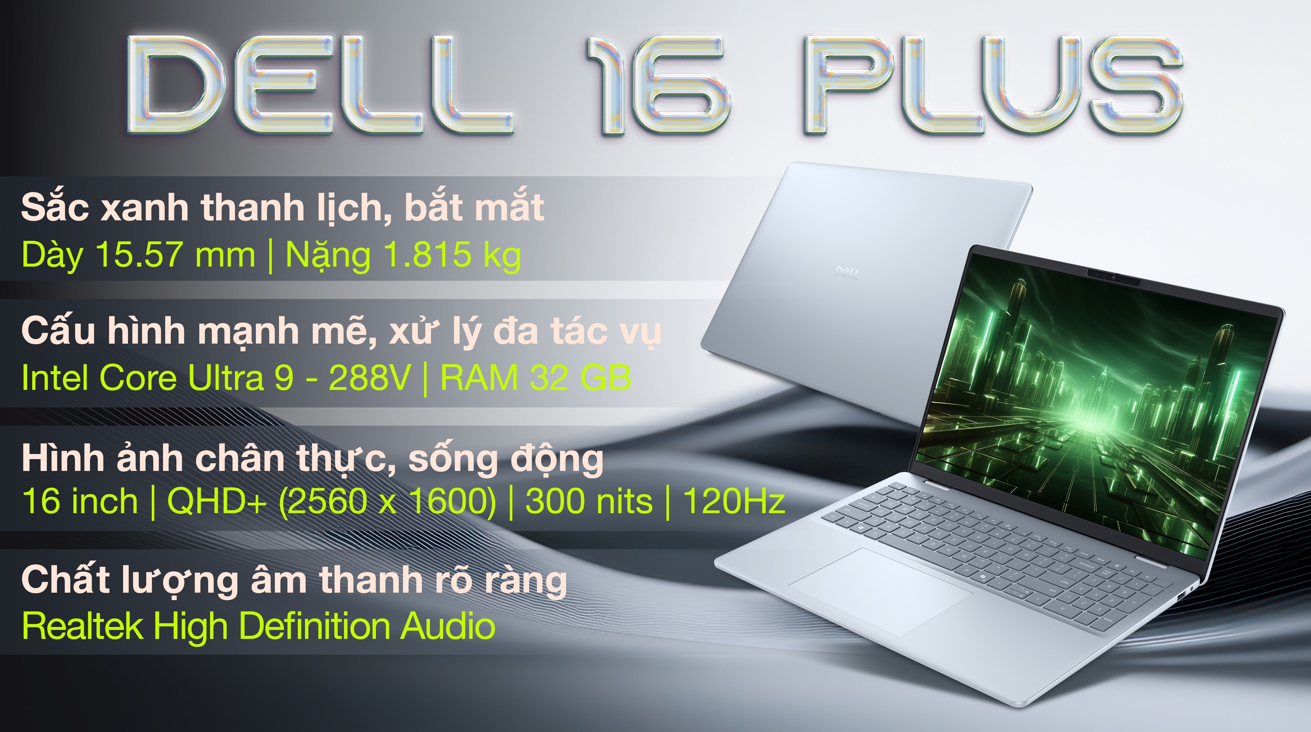 Laptop Dell 16 Plus DB16250 - X65NW9 (Ultra 9 288V, 32GB, 2TB, QHD+ 120Hz, OfficeH24+365, Win11)