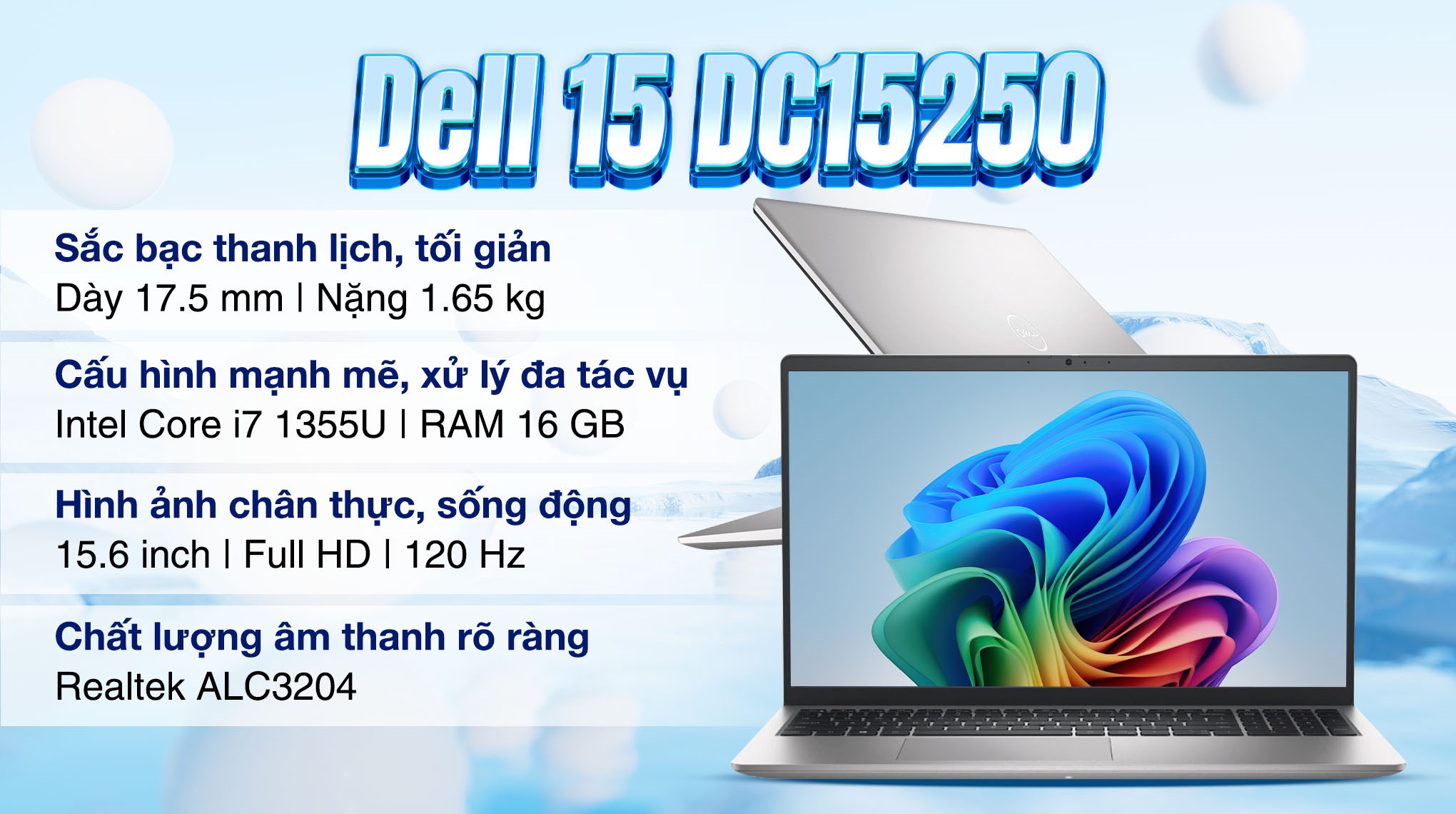 Laptop Dell 15 DC15250 - DC5I7952W1 (i7 1355U, 16GB, 512GB, Full HD+ 120Hz, OfficeH24+365, Win11)