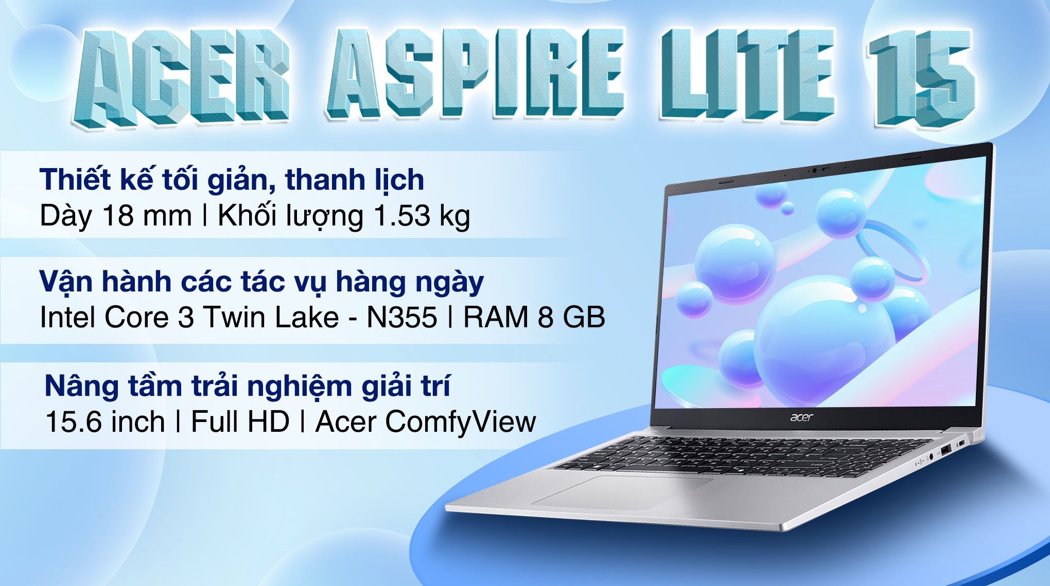 Laptop Acer Aspire Lite 15 AL15-33P-38BA - NX.D2KSV.001 (Core 3 N355, 8GB, 512GB, Full HD, Win11)