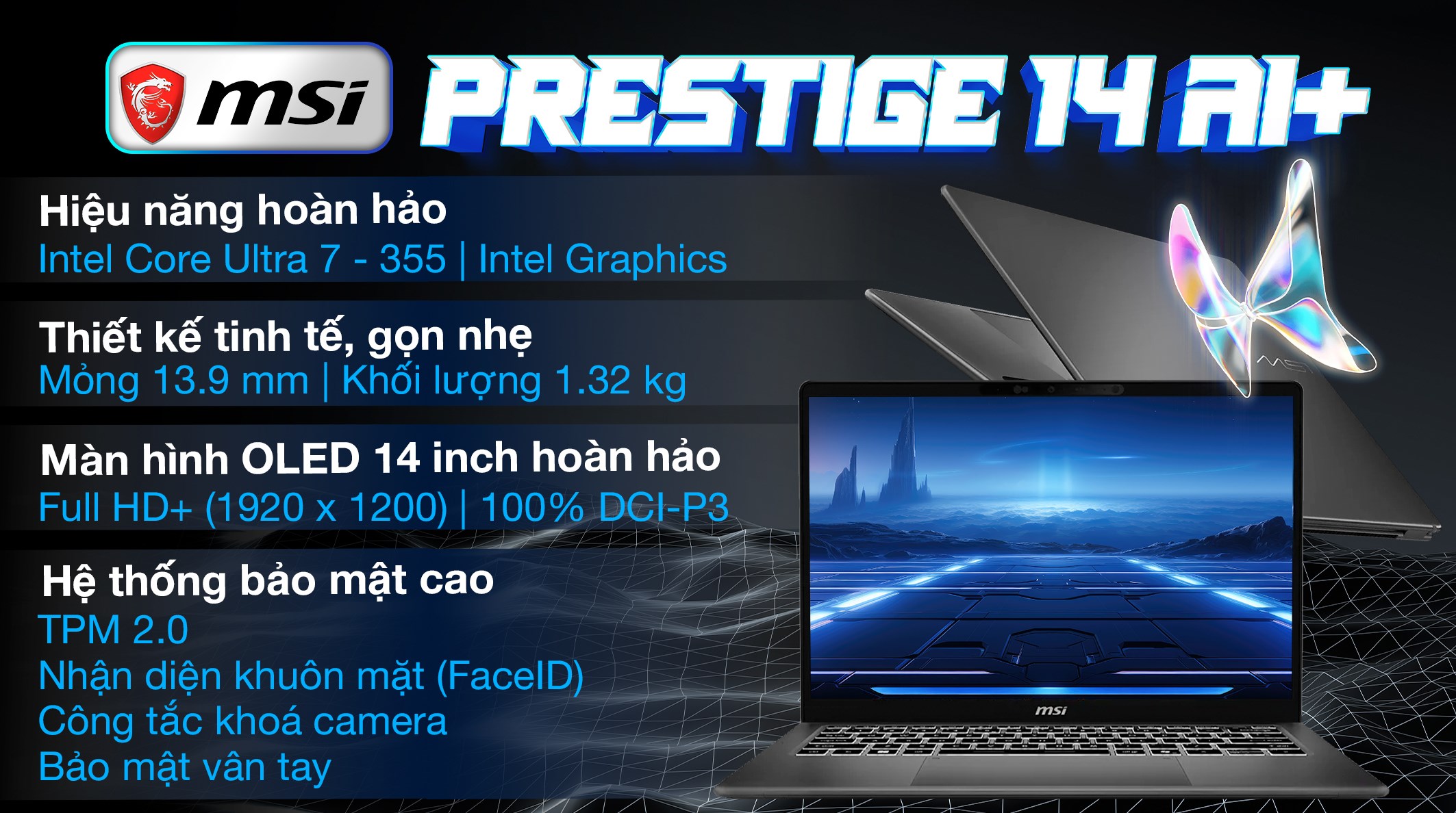 Laptop MSI Prestige 14 AI+ D3MG - 022VN (Ultra 7 355, 32GB, 1TB, Full HD+ OLED, Win11)