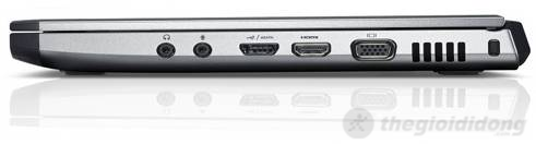 Cạnh phải gồm 2 ngõ  xuất, nhận tín hiệu audio 3.5 li, 1 cống USB 2.0/eSATA, ngõ xuất hình ảnh HDMI  và VGA, khe tản nhiệt và một khe cắm khóa Kensington