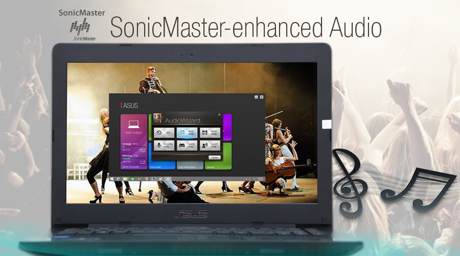 <p><strong>&Acirc;m thanh mạnh mẽ, sống động</strong></p>
<p>C&ocirc;ng nghệ &acirc;m thanh SonicMaster v&agrave; Asus AudioWizard với 5 chế độ t&ugrave;y chỉnh để cho chất lượng &acirc;m thanh tốt nhất trong mọi điều kiện</p>