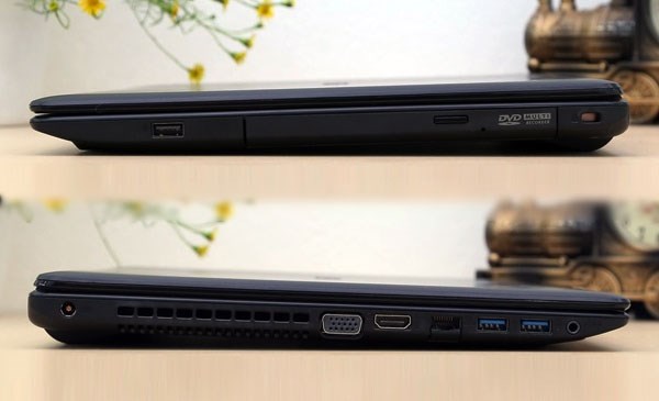 Hai cạnh máy sở hữu khá nhiều kết nối Asus P550LD lan, hdmi, vga, usb 3.0, usb 2.0, dvd
