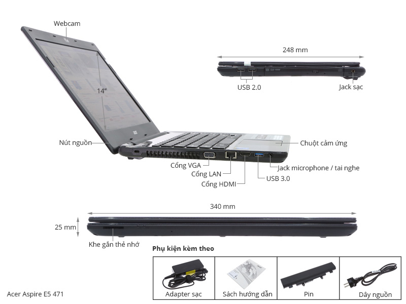 Acer Aspire E5 471 i3 4005U/4G/500G/Win8.1/Không DVD