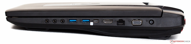 Hông phải lần lượt là: 3 cổng âm thanh, 2 USB 3.0, Thunderbolt, HDMI, LAN, VGA và cổng nguồn