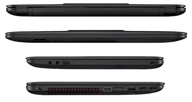 C:\Users\Minh\Desktop\Asus ROG GL552JX\16052015101002.jpg Hông trái và phải gồm các cổng kết nối như: cổng sạc, khe tản nhiệt, các cổng VGA, HDMI, LAN, USB 3.0, 2 cổng âm thanh, USB 2.0, DVD và khóa kensington