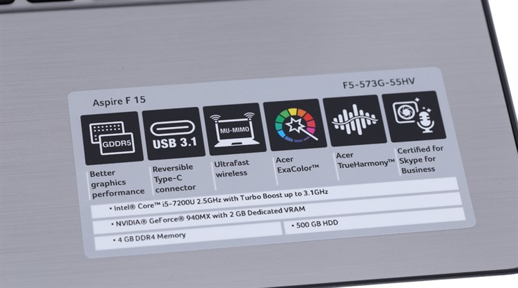 Laptop Acer Aspire F5 573G 55HV i5 7200U/4GB/500GB/2GB 940MX/Win10 Màu Bạc