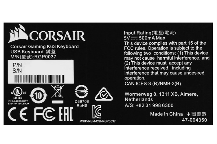 Bàn Phím Cơ Có Dây Gaming Corsair K63 Compact Mechanical Màu Đen