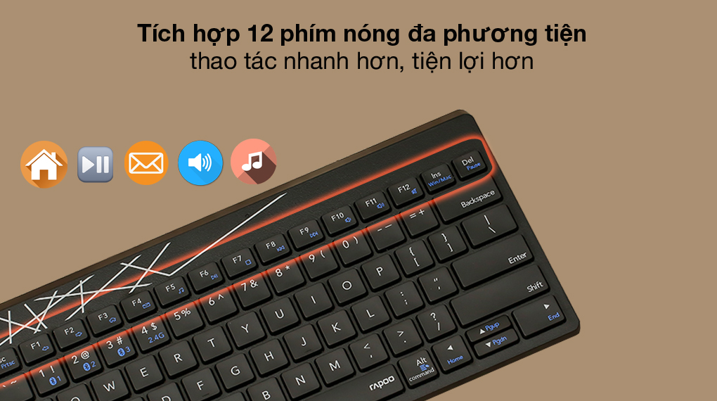 Phím nóng đa phương tiện - Bộ Bàn Phím Chuột Không Dây Rapoo 8000M