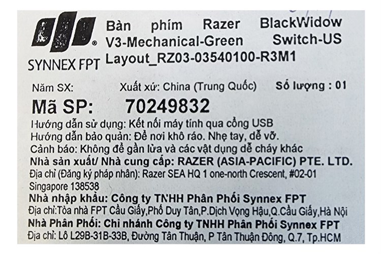 Bàn Phím Cơ Có Dây Gaming Razer BlackWidow V3 Màu Đen