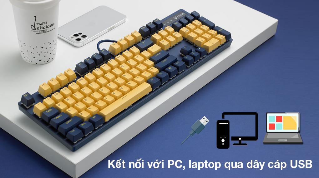Bàn Phím Cơ Có Dây Gaming Rapoo V500Pro Vàng Xanh - Dùng dây nối đầu cáp USB thông dụng, dễ dàng liên kết với PC, laptop