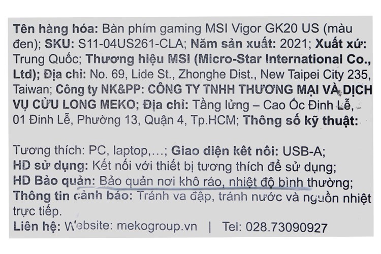 Bàn Phím Có dây Gaming MSI Vigor GK20 US Màu Đen