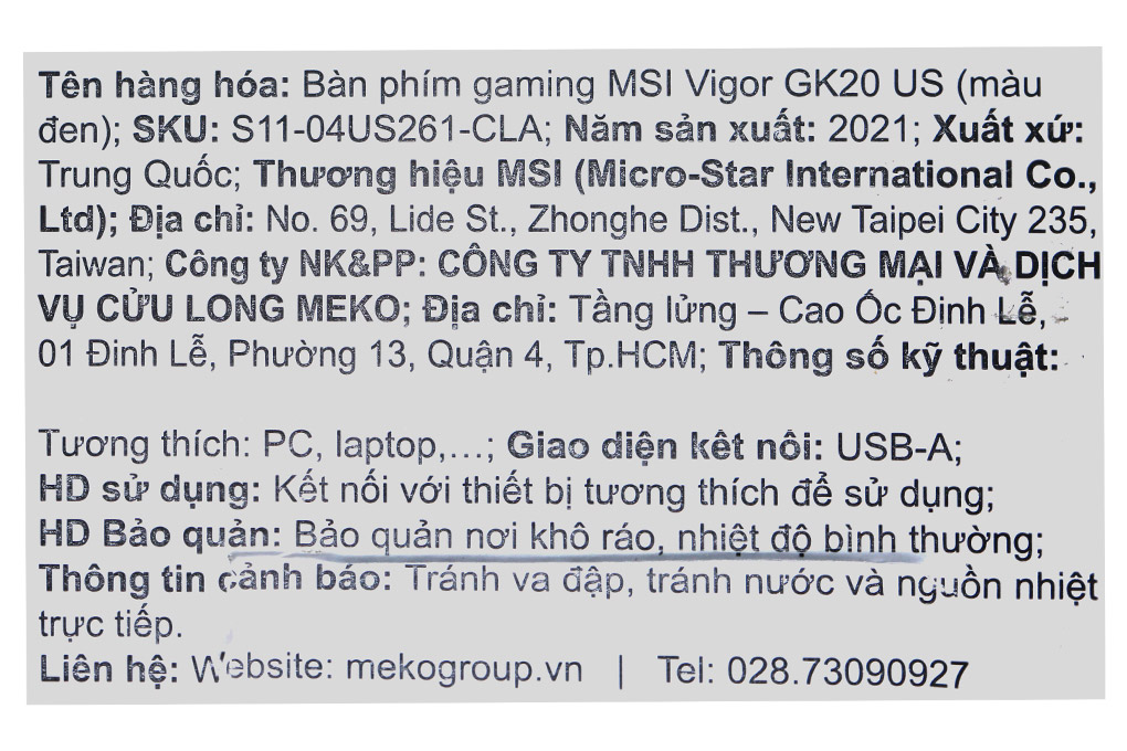Bàn Phím Có dây Gaming MSI Vigor GK20 US - 17