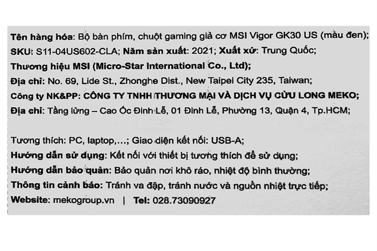 Bàn Phím Có Dây Gaming MSI Vigor GK30 US Màu Đen