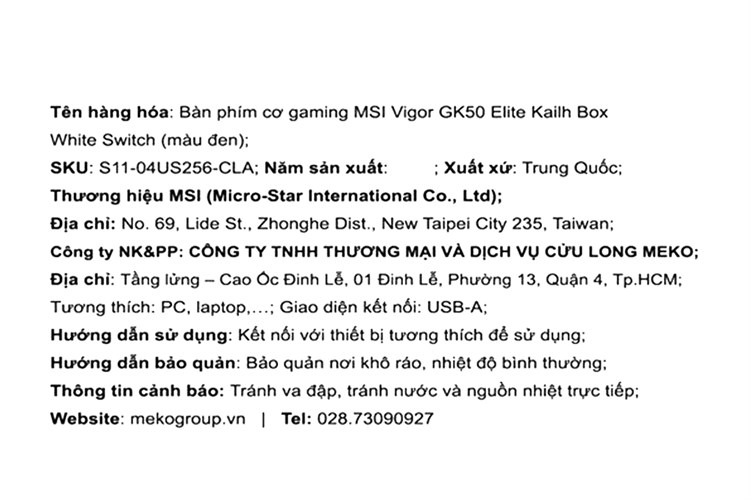 Bàn Phím Cơ Có Dây Gaming MSI Vigor GK50 Elite Màu Đen