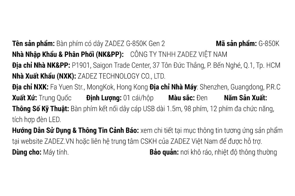 Bàn Phím Có Dây Gaming Zadez G-850K Màu Đen